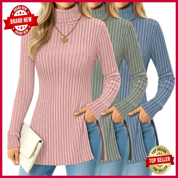 Ribbed Knit Turtleneck Sweaters 3 Pack Lightweight Pullover Side Split Tunic - Picture 1 of 7